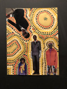 Four people from a fashion magazine have been cut out and pasted on a yellow piece of paper. All four are people with dark skin, looking very cool. Surrounding them are lots of colorful dots.