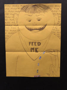A pen-and-ink drawing on a bright yellow piece of paper. A large person with a smiling mouth of pointy teeth looks down menacingly. Behind them it says “more!” over and over. On a kerchief around their neck it says “FEED ME” in large block letters. In the lower right corner is a small, strange, bird-like creature. Pasted from the bird's mouth in a line from the bottom of the page are tiny images of La Croix cans.