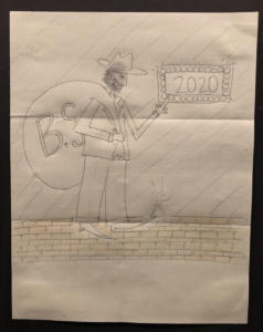 Line drawing of a man in a suit and hat walking on a brick street. He is holding a large sack over his shoulder with the letters “BS” on it. With his middle finger he points to a sign that says “2020”. Near or maybe even on one of his pointy shoes is a steaming pile of poop.