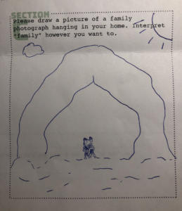A drawing in blue ink of two small people standing on the mouth of a cave. There is a cloud in the sky and the sun in the upper right corner.