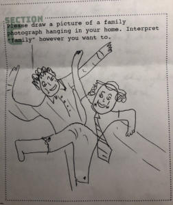 A black-and-white drawing of two people having fun, all limbs flailing. They have clownish make-up on and one wears a long striped tie.