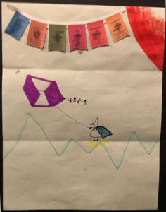 A colorful drawing of a caped bird-like creature standing on mountain peaks, flying a purple kite. In the upper right corner is part of a large red orb. From the orb, a string of colorful rectangular flags is hanging across the top of the page.