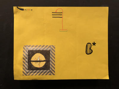 On a bright yellow piece of paper there are some sparse random shapes here and there. In the bottom left is a tint picture of a half-peeled banana surrounded by a black swath of fabric that has been taped on with silver striped tape.