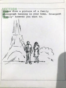 A sketchy black-and-white drawing of two people holding hands in front of the Eiffel Tower.