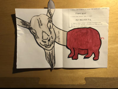 Pygig- Drawing of a pink pig with a oversized off-white goat head. On the side of the drawing is a description of the mash up of a pygmy goat and a pot-bellied pig.