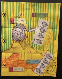 On a bright yellow piece of paper is a collage of a creature with a llama-like head and a vaguely Sphinx-like body. Green strips are above and around it. Red strips are below. On the top, various things are pasted, such as little black snowflakes, handwritten words, and pictures of cartoon elephants.