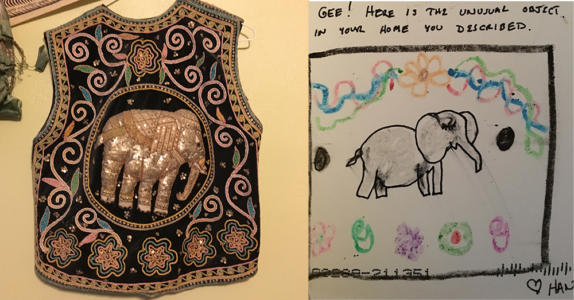 In the member survey there was an ask to describe and object in your house. A Buntport member attempted to draw it from the description. A split picture shows an unusual object hanging in a society members home and a drawing of the object. The object looks like the back of an elaborately decorated vest. In the center of the vest is an elephant.
