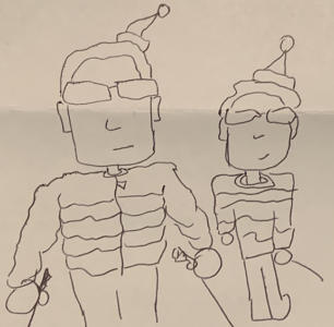 Black-and-white squiggly drawing of two people dressed in winter clothes with ski poles.