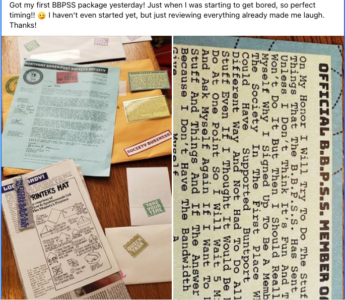 A split photograph of a BBPSS member sharing their first package. On one side a manilla envelope and it’s contents are laid out on a table. On the other side a close up of the BBPSS membership oath is on display.
